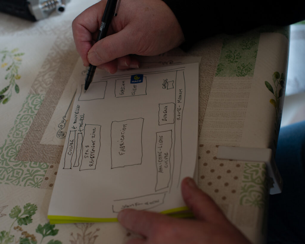 Mains d'une personne dessinant au stylo, sur un carnet posé sur ses genoux, le plan de l'usine annoté de mémoire : zones de fabrication, ligne cuivre, bureaux, garage et revêtements zinc, nickel et cuivre. Transmission et mémoire des lieux par un·e ancien·ne ouvrier·e, série Trifolium Hybridum, Thionville.