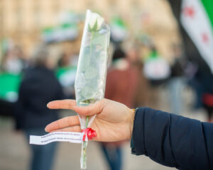 Femme tenant une rose emballée sur la place Stanislas lors de la commémoration de l’anniversaire de la révolution syrienne