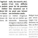 Mise en page graphique d'un texte sur la ferme de Luc Muller : pratiques en bio, vente dans des marchés et associations locales, élevage en liberté, gestion plus “fragile” que l’agriculture industrielle, et lien aux saisons.
